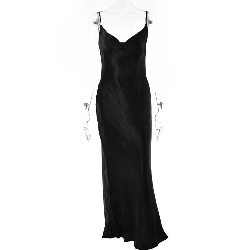 Sexy Spaghetti Strap Backless Summer Dress Women Satin Lace up Trumpet Long Dress Elegant Bodycon Party Dresses 2021
