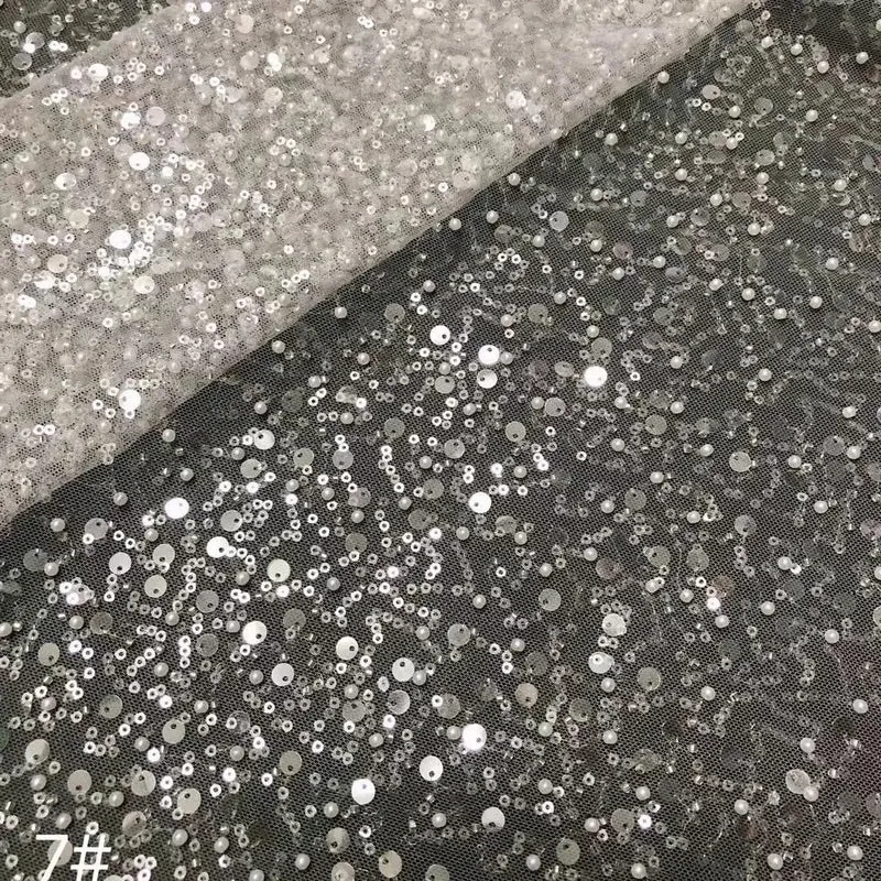 Width 130 cm Polyester Sparkly Sequins Embroidery Beads Mesh Fabric Heavy Tulle Lace Fabric for Wedding Dress Curtain