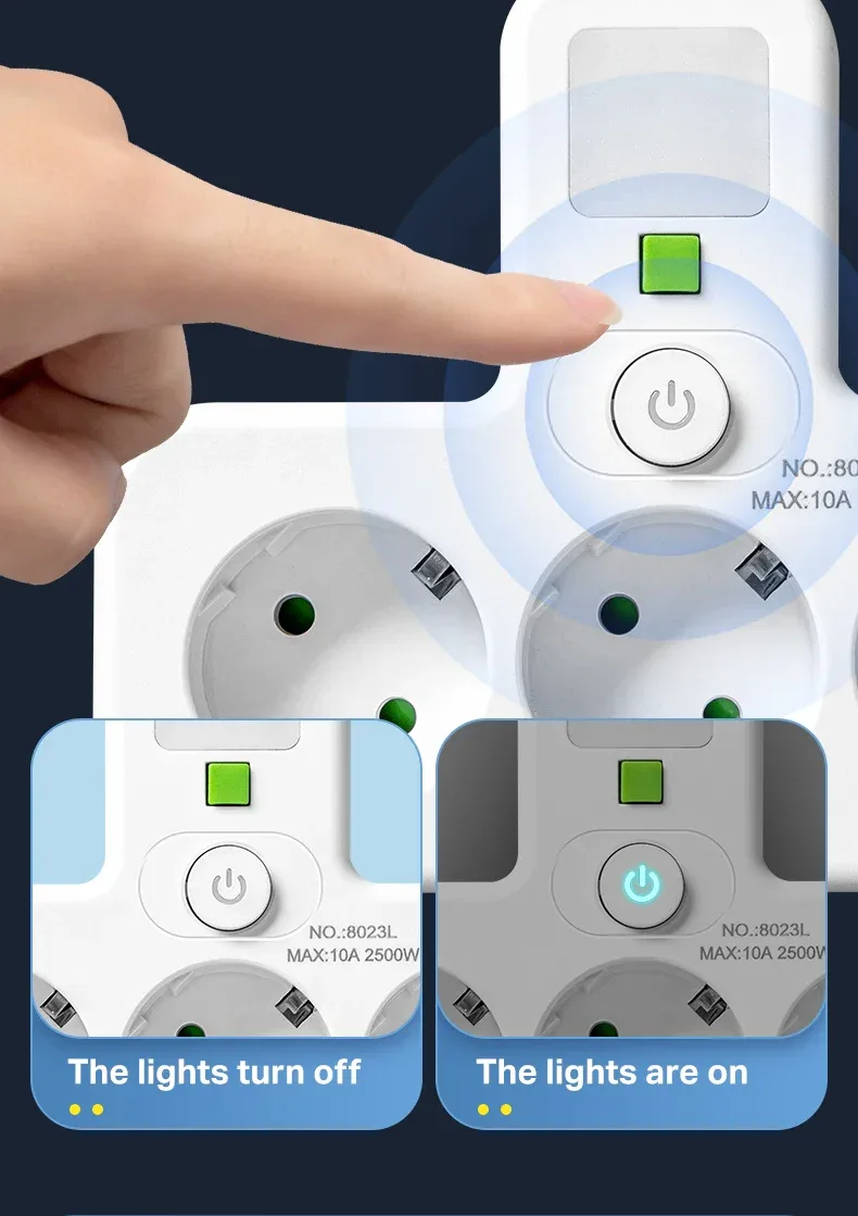 1pc EU power board, switch power plug, with independent night light switch, 3 AC sockets, suitable for home and office use