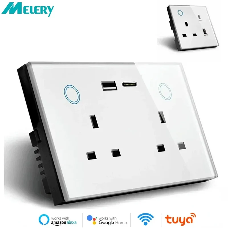 Melery WIFI Smart Tuya USB Type C PD 20W Wall Socket UK Plug Outlet Power Monitor Touch Switch Wireless Remote Alexa Google Home