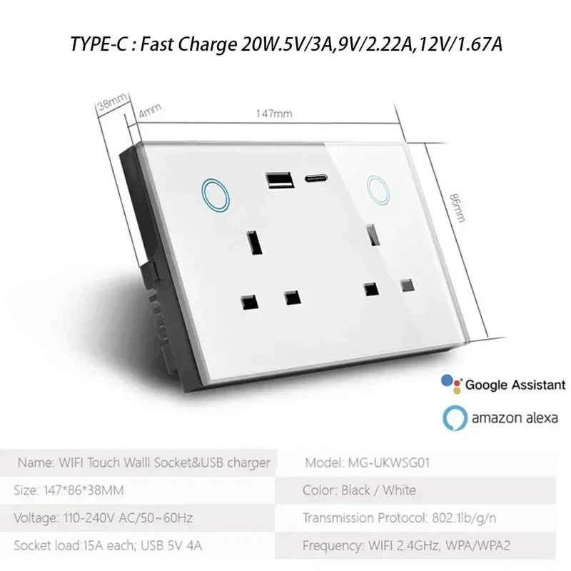 Melery WIFI Smart Tuya USB Type C PD 20W Wall Socket UK Plug Outlet Power Monitor Touch Switch Wireless Remote Alexa Google Home