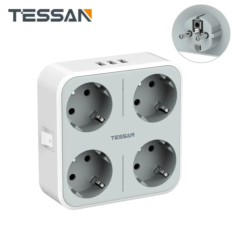 TESSAN Multiple Wall Socket Power Strip with 4 AC Outlets & 3 USB Ports 7 in 1 Adapter Overload Protection for Home Office