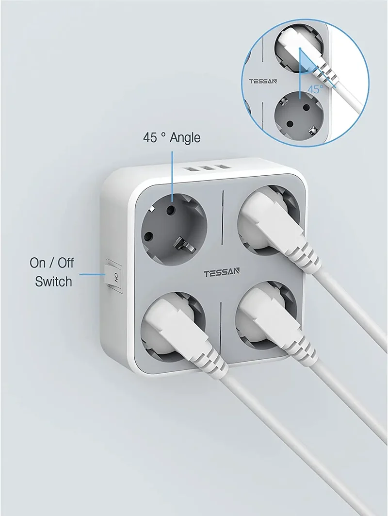 TESSAN Multiple Wall Socket Power Strip with 4 AC Outlets & 3 USB Ports 7 in 1 Adapter Overload Protection for Home Office
