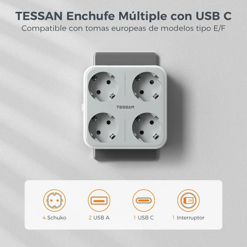 TESSAN Multiple Wall Socket Power Strip with 4 AC Outlets & 3 USB Ports 7 in 1 Adapter Overload Protection for Home Office