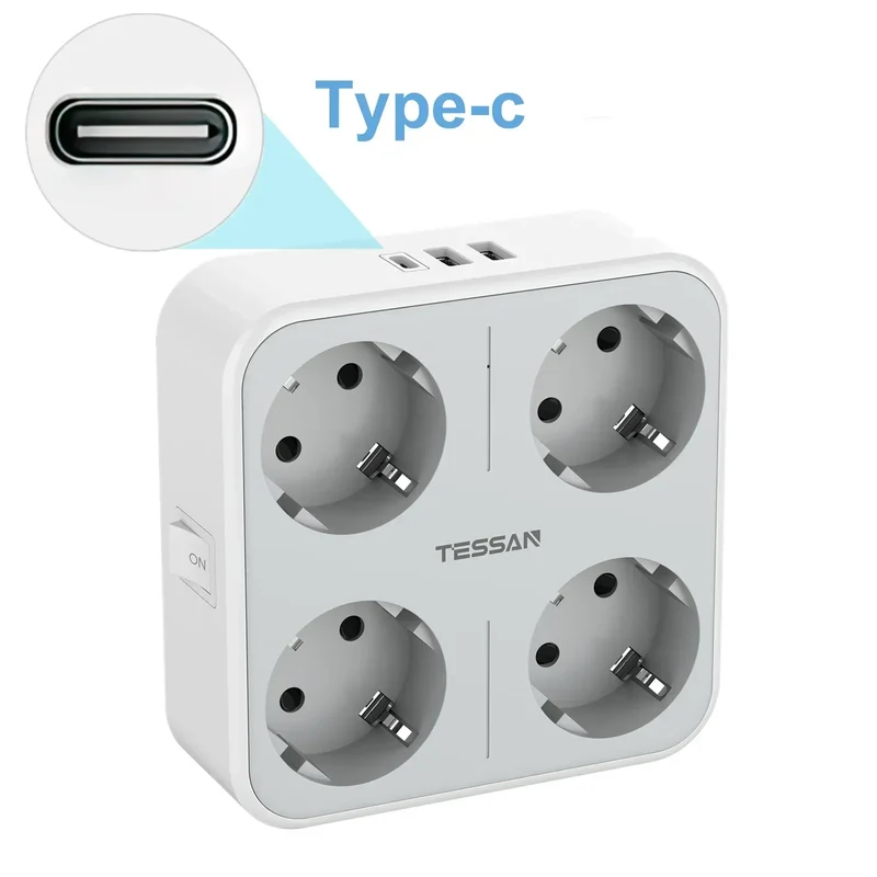 TESSAN Multiple Wall Socket Power Strip with 4 AC Outlets & 3 USB Ports 7 in 1 Adapter Overload Protection for Home Office