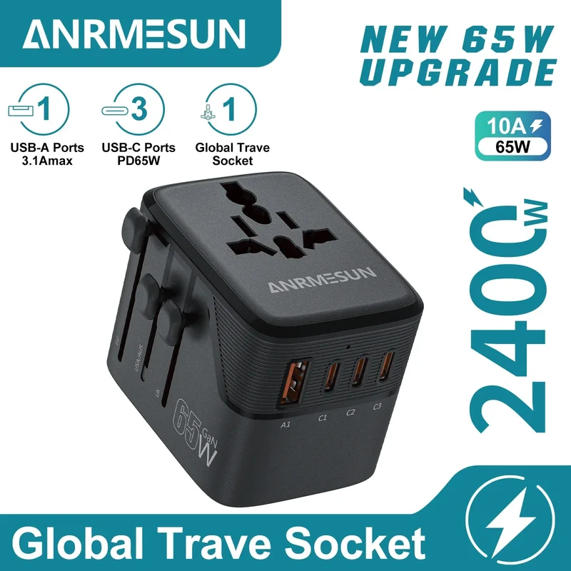 Global Universal Conversion Travel Plug 2 Type-C Sockets EU US AC Power Travel Adapter PD 65w 45w 25w Travel Plug Fast Charging