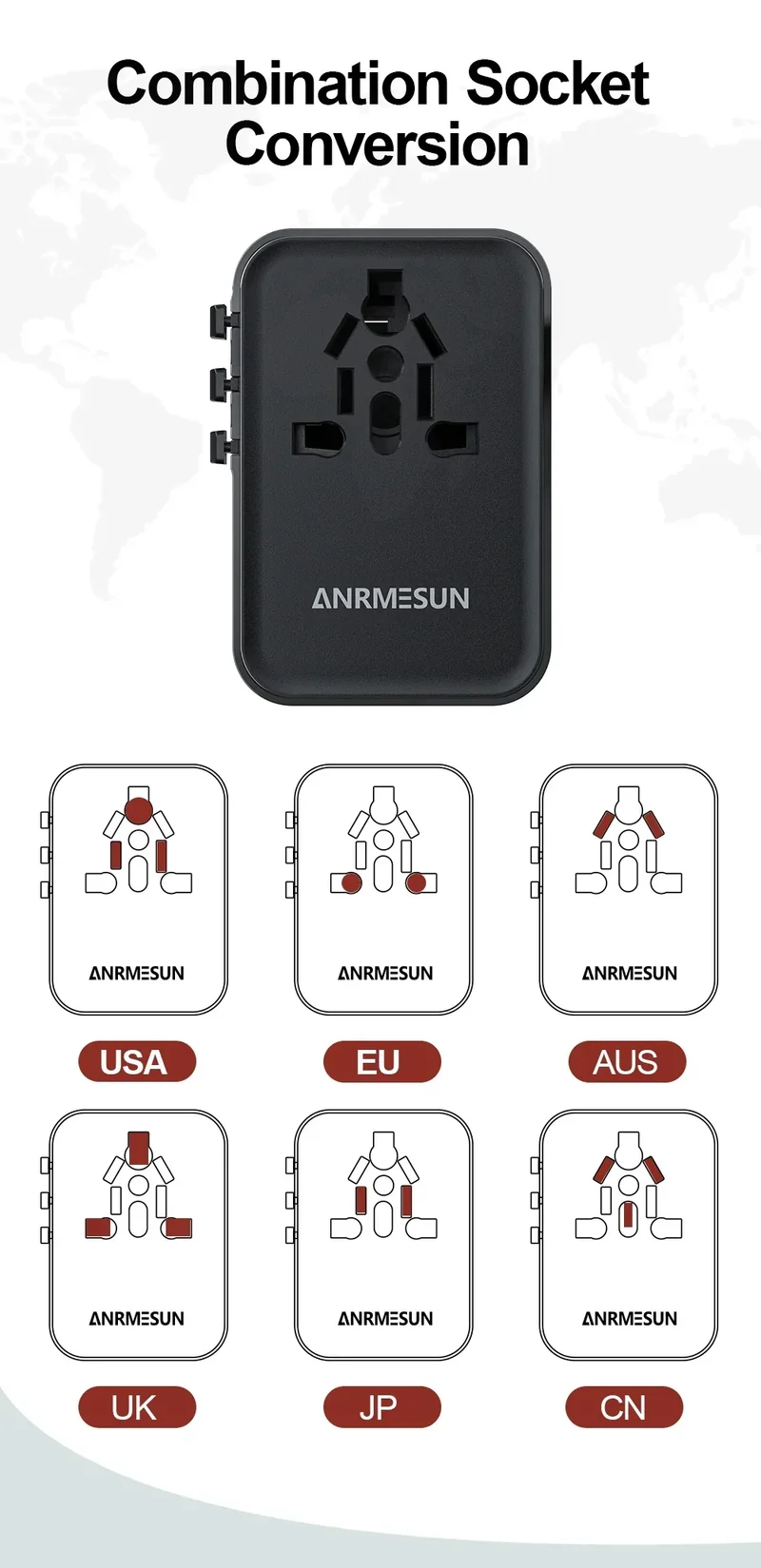 Global Universal Conversion Travel Plug 2 Type-C Sockets EU US AC Power Travel Adapter PD 65w 45w 25w Travel Plug Fast Charging