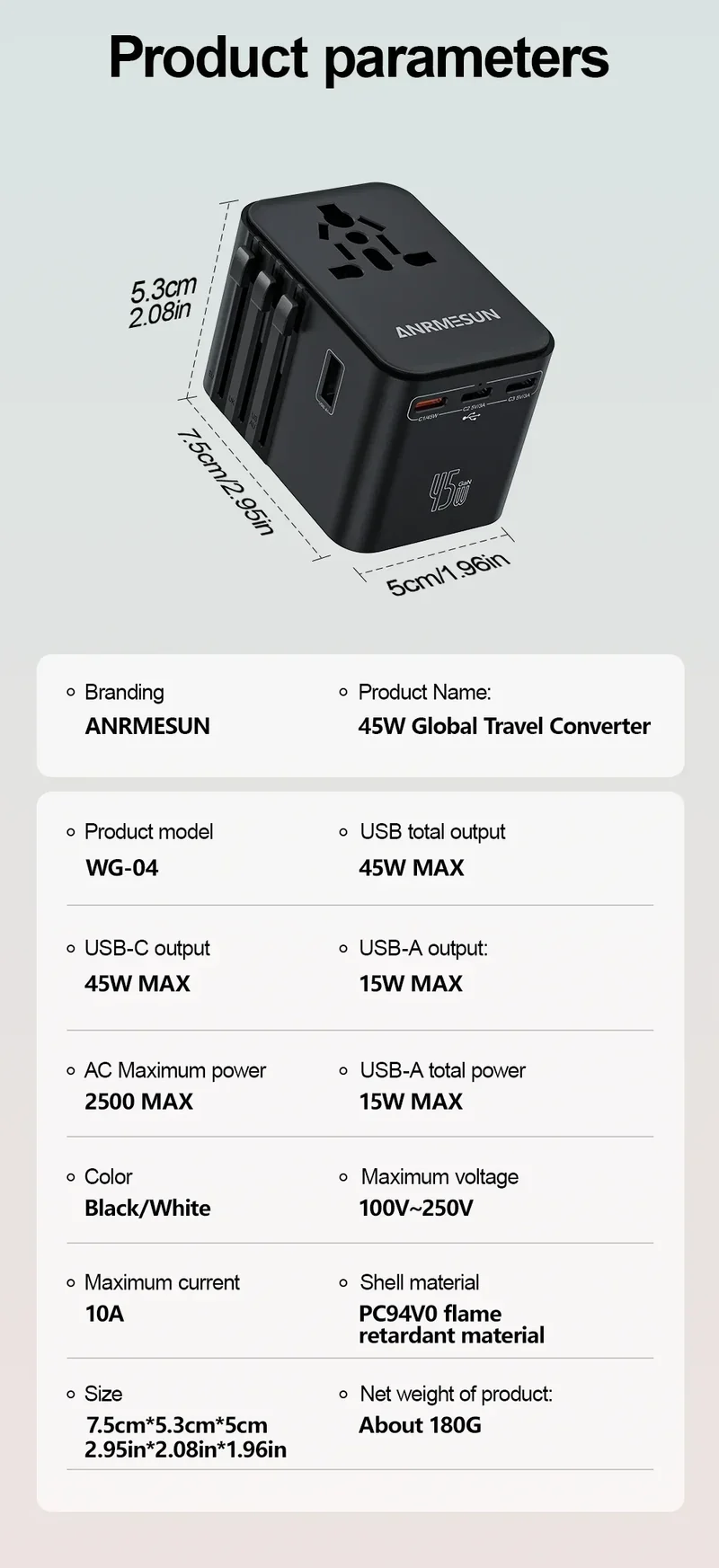 Global Universal Conversion Travel Plug 2 Type-C Sockets EU US AC Power Travel Adapter PD 65w 45w 25w Travel Plug Fast Charging