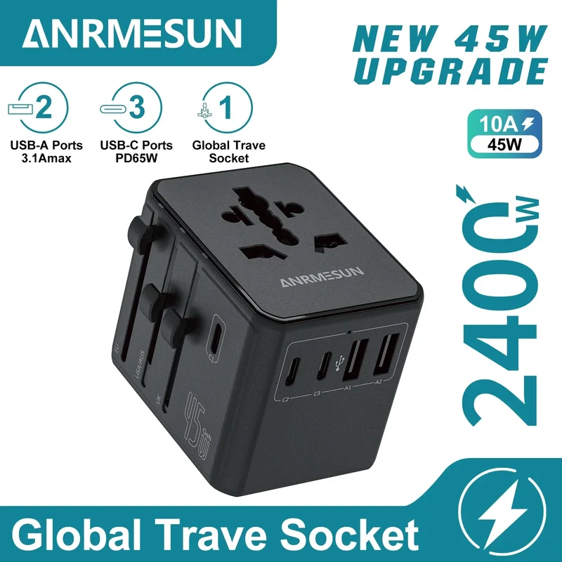Global Universal Conversion Travel Plug 2 Type-C Sockets EU US AC Power Travel Adapter PD 65w 45w 25w Travel Plug Fast Charging