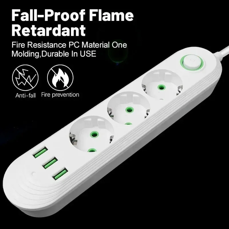 EU Power Socket 2m Cable 3USB Jack 3/4/5 Holes 2500W Power Strip AC Outlet with Extension Cord Max 2.1A Charging Adapter Socket