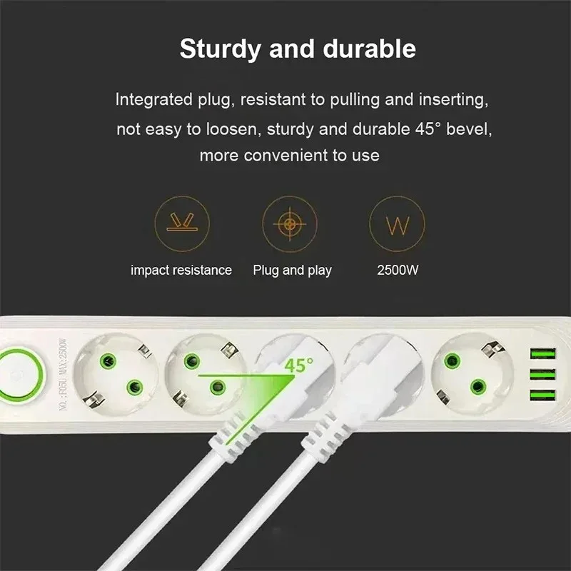 EU Power Socket 2m Cable 3USB Jack 3/4/5 Holes 2500W Power Strip AC Outlet with Extension Cord Max 2.1A Charging Adapter Socket