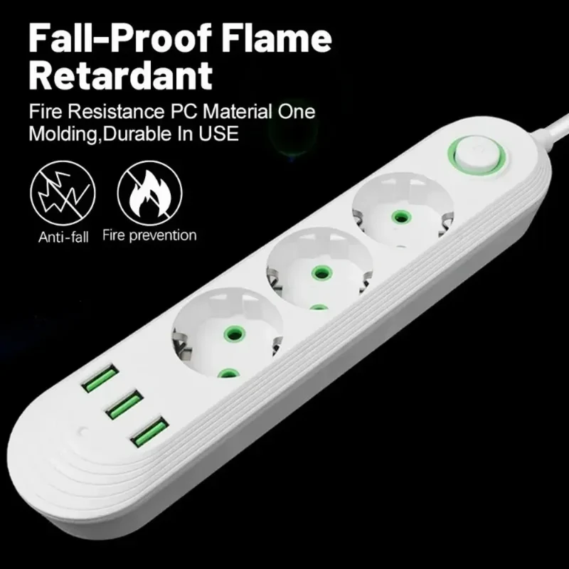 EU Power Socket 2m Cable 3USB Jack 3/4/5 Holes 2500W Power Strip AC Outlet with Extension Cord Max 2.1A Charging Adapter Socket