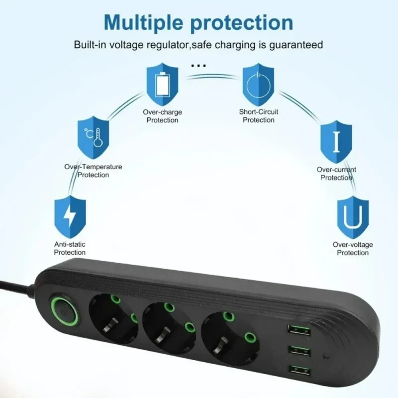 EU Power Socket 2m Cable 3USB Jack 3/4/5 Holes 2500W Power Strip AC Outlet with Extension Cord Max 2.1A Charging Adapter Socket