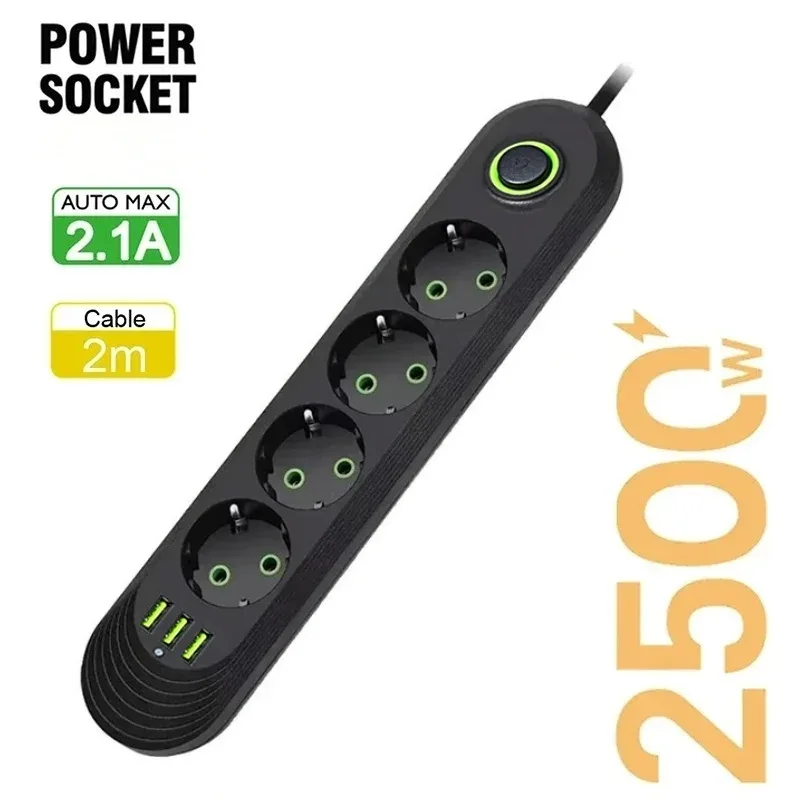 EU Power Socket 2m Cable 3USB Jack 3/4/5 Holes 2500W Power Strip AC Outlet with Extension Cord Max 2.1A Charging Adapter Socket