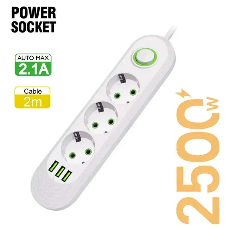EU Power Socket 2m Cable 3USB Jack 3/4/5 Holes 2500W Power Strip AC Outlet with Extension Cord Max 2.1A Charging Adapter Socket
