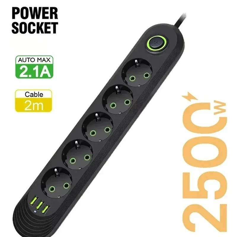 EU Power Socket 2m Cable 3USB Jack 3/4/5 Holes 2500W Power Strip AC Outlet with Extension Cord Max 2.1A Charging Adapter Socket
