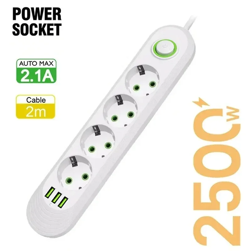 EU Power Socket 2m Cable 3USB Jack 3/4/5 Holes 2500W Power Strip AC Outlet with Extension Cord Max 2.1A Charging Adapter Socket