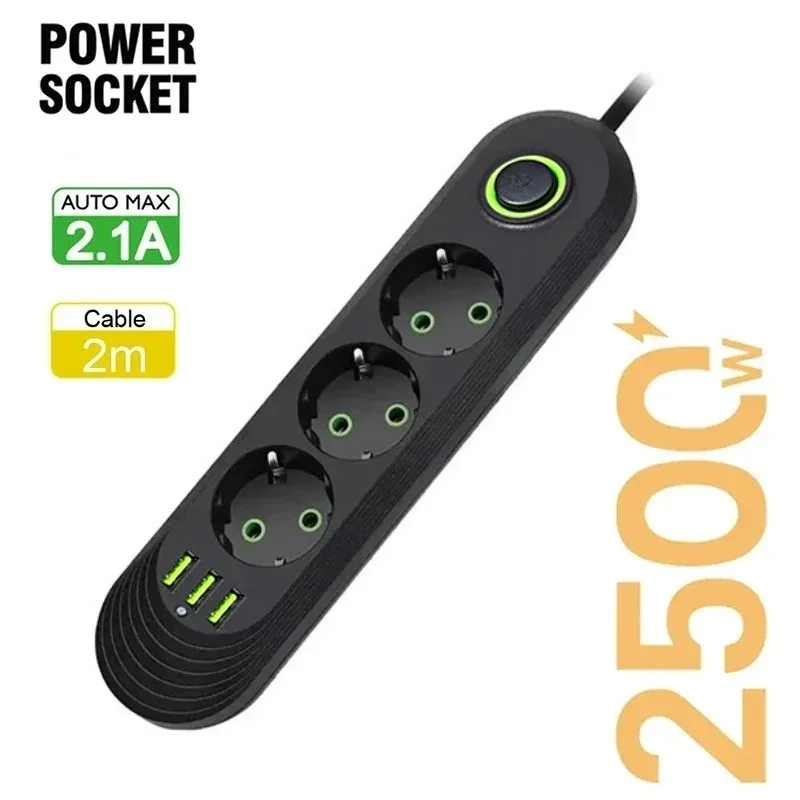 EU Power Socket 2m Cable 3USB Jack 3/4/5 Holes 2500W Power Strip AC Outlet with Extension Cord Max 2.1A Charging Adapter Socket