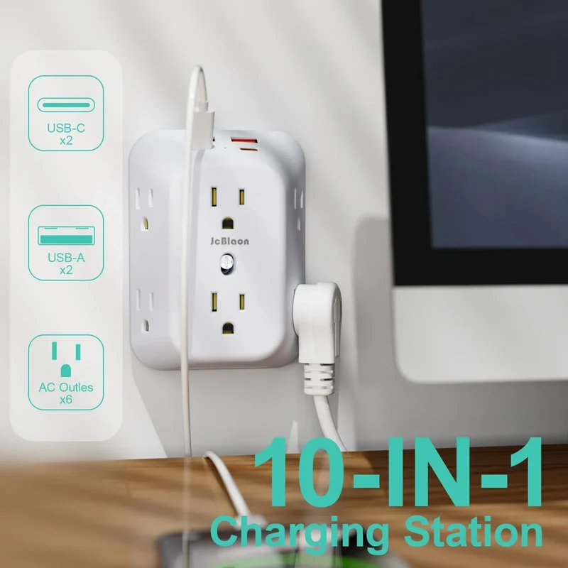 Multi Plug Wall Outle,6-Outlet Extender with 4 USB Ports,3 Sided Multi Plug Wall Adapter Surge Protector for Home Office