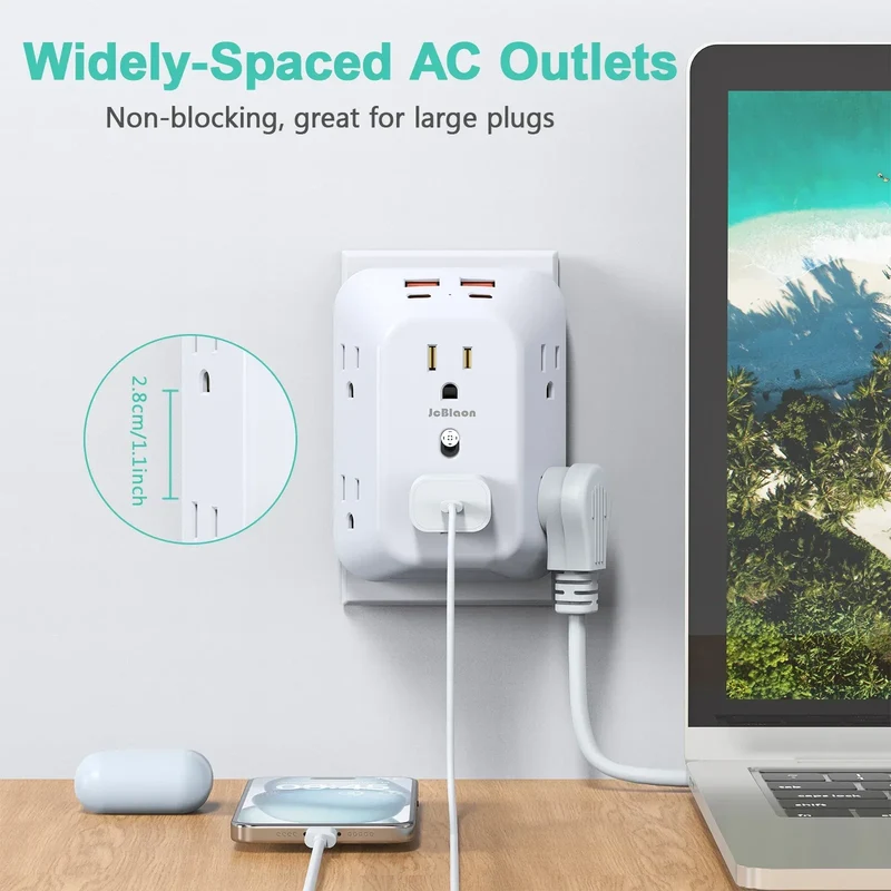 Multi Plug Wall Outle,6-Outlet Extender with 4 USB Ports,3 Sided Multi Plug Wall Adapter Surge Protector for Home Office