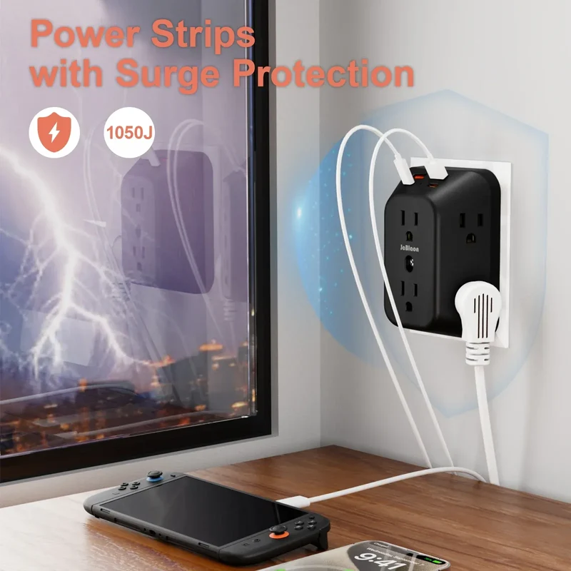 Multi Plug Wall Outle,6-Outlet Extender with 4 USB Ports,3 Sided Multi Plug Wall Adapter Surge Protector for Home Office