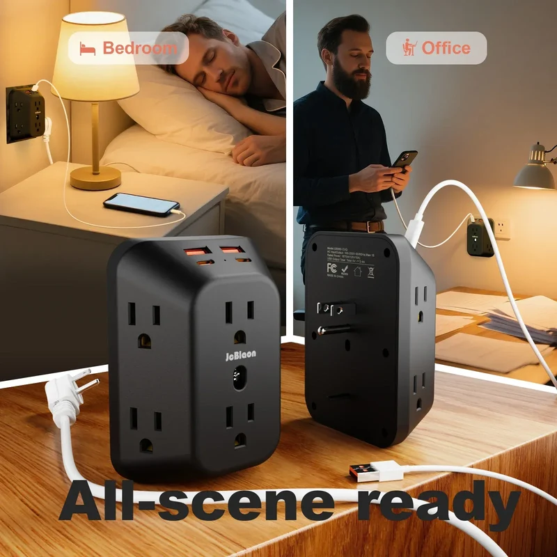 Multi Plug Wall Outle,6-Outlet Extender with 4 USB Ports,3 Sided Multi Plug Wall Adapter Surge Protector for Home Office