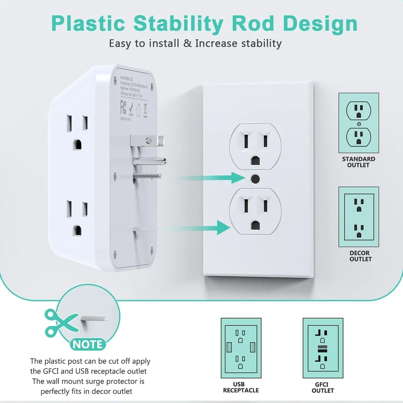 Multi Plug Wall Outle,6-Outlet Extender with 4 USB Ports,3 Sided Multi Plug Wall Adapter Surge Protector for Home Office