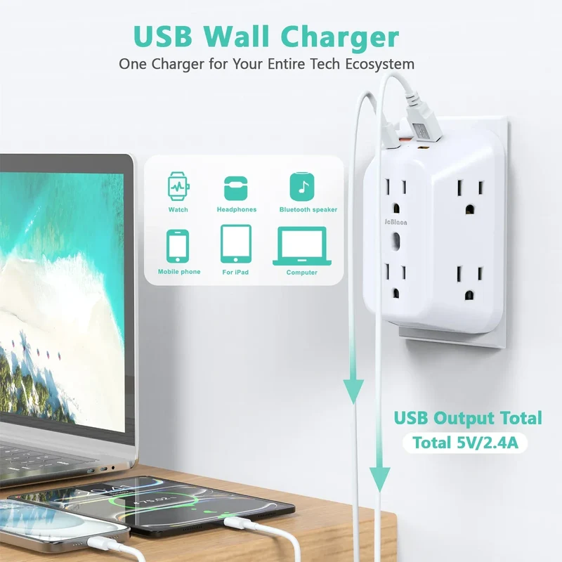 Multi Plug Wall Outle,6-Outlet Extender with 4 USB Ports,3 Sided Multi Plug Wall Adapter Surge Protector for Home Office