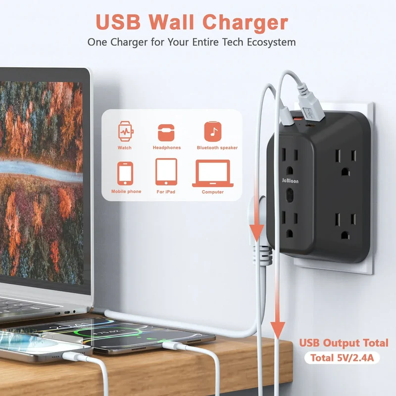 Multi Plug Wall Outle,6-Outlet Extender with 4 USB Ports,3 Sided Multi Plug Wall Adapter Surge Protector for Home Office