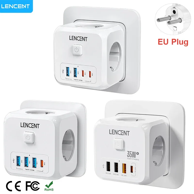 LENCENT Multi USB Wall Socket Cube with 3AC Outlets USB-A and Type C 7-in-1 Power Strip EU Plug Socket On/Off Switch for Home