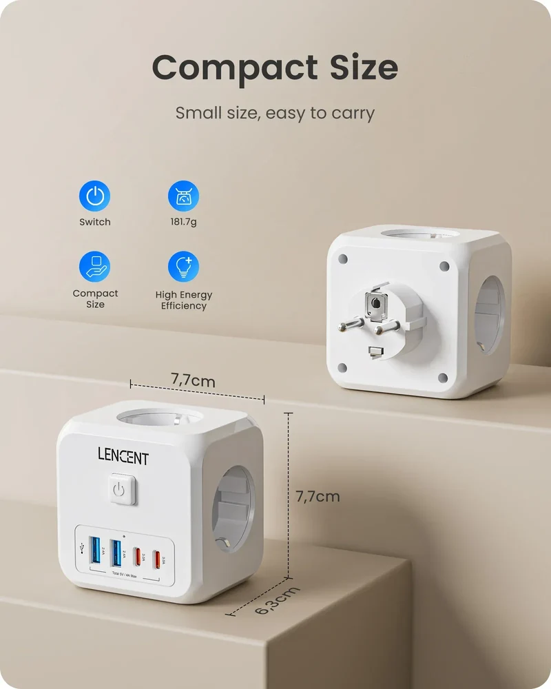 LENCENT Multi USB Wall Socket Cube with 3AC Outlets USB-A and Type C 7-in-1 Power Strip EU Plug Socket On/Off Switch for Home