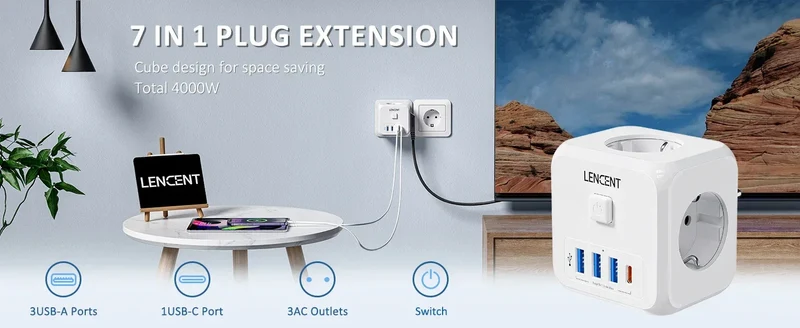 LENCENT Multi USB Wall Socket Cube with 3AC Outlets USB-A and Type C 7-in-1 Power Strip EU Plug Socket On/Off Switch for Home