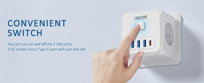 LENCENT Multi USB Wall Socket Cube with 3AC Outlets USB-A and Type C 7-in-1 Power Strip EU Plug Socket On/Off Switch for Home