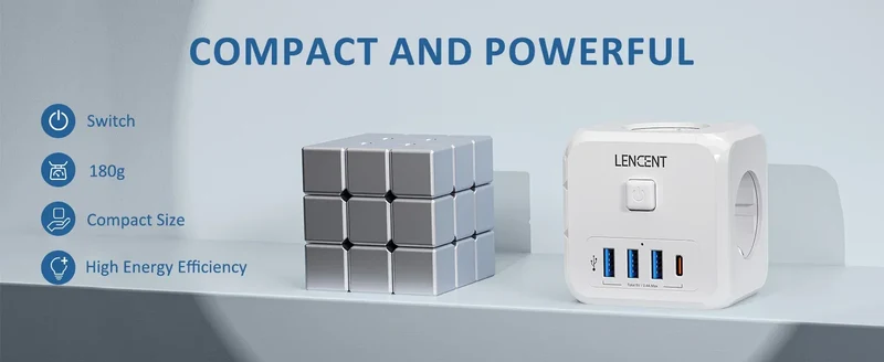 LENCENT Multi USB Wall Socket Cube with 3AC Outlets USB-A and Type C 7-in-1 Power Strip EU Plug Socket On/Off Switch for Home