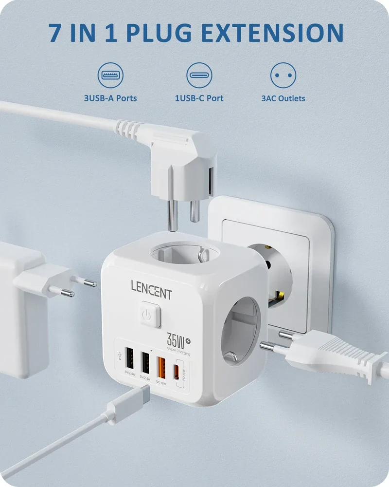 LENCENT Multi USB Wall Socket Cube with 3AC Outlets USB-A and Type C 7-in-1 Power Strip EU Plug Socket On/Off Switch for Home
