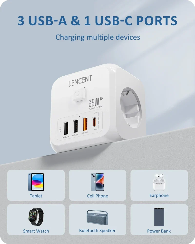 LENCENT Multi USB Wall Socket Cube with 3AC Outlets USB-A and Type C 7-in-1 Power Strip EU Plug Socket On/Off Switch for Home
