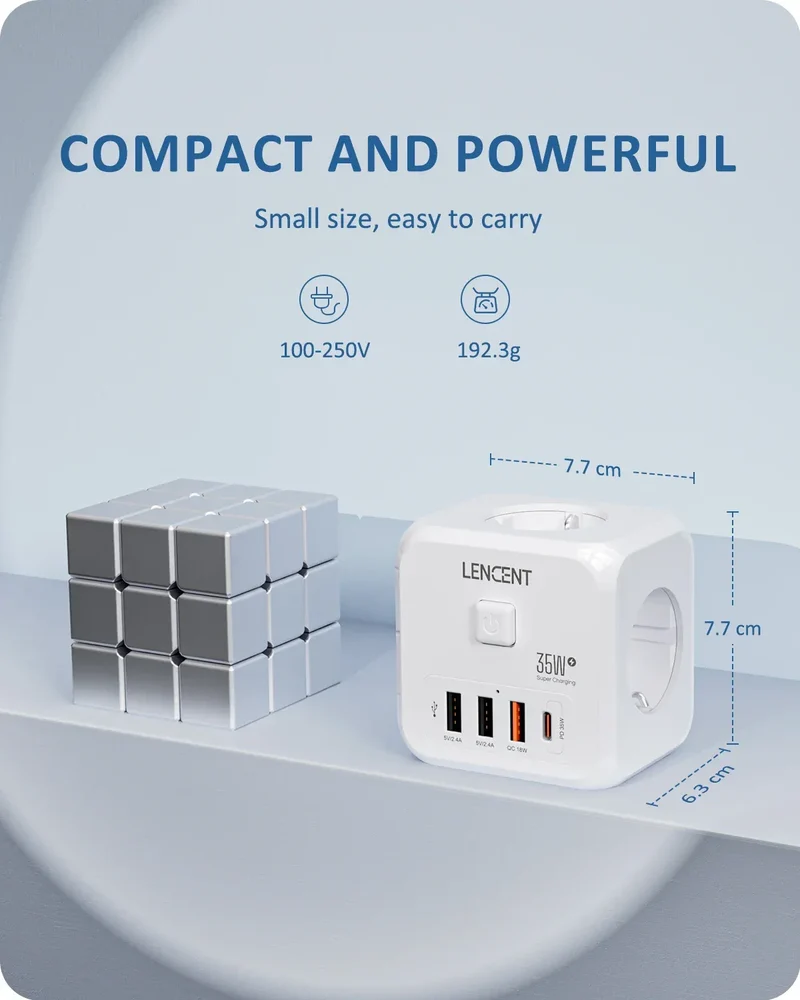LENCENT Multi USB Wall Socket Cube with 3AC Outlets USB-A and Type C 7-in-1 Power Strip EU Plug Socket On/Off Switch for Home