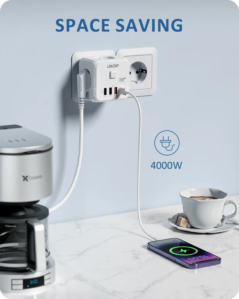 LENCENT Multi USB Wall Socket Cube with 3AC Outlets USB-A and Type C 7-in-1 Power Strip EU Plug Socket On/Off Switch for Home