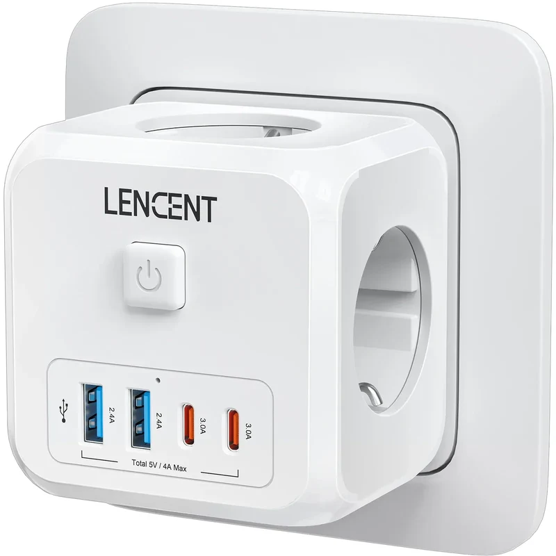 LENCENT Multi USB Wall Socket Cube with 3AC Outlets USB-A and Type C 7-in-1 Power Strip EU Plug Socket On/Off Switch for Home