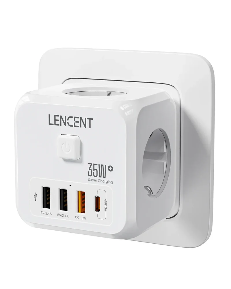 LENCENT Multi USB Wall Socket Cube with 3AC Outlets USB-A and Type C 7-in-1 Power Strip EU Plug Socket On/Off Switch for Home