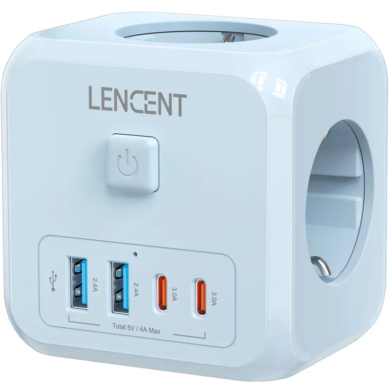 LENCENT Multi USB Wall Socket Cube with 3AC Outlets USB-A and Type C 7-in-1 Power Strip EU Plug Socket On/Off Switch for Home