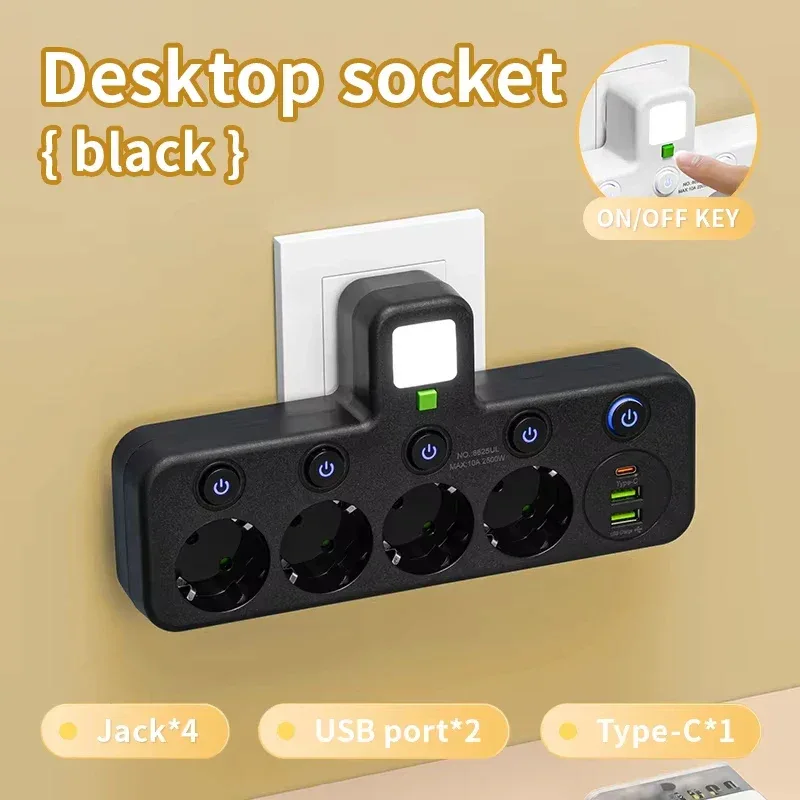 EU Plug Power Strip with 3 AC Outlets +2 USB Ports+ 1 Type C, 6-in-1 Plug Socket Adapter Wireless Wall Charger for Home Office