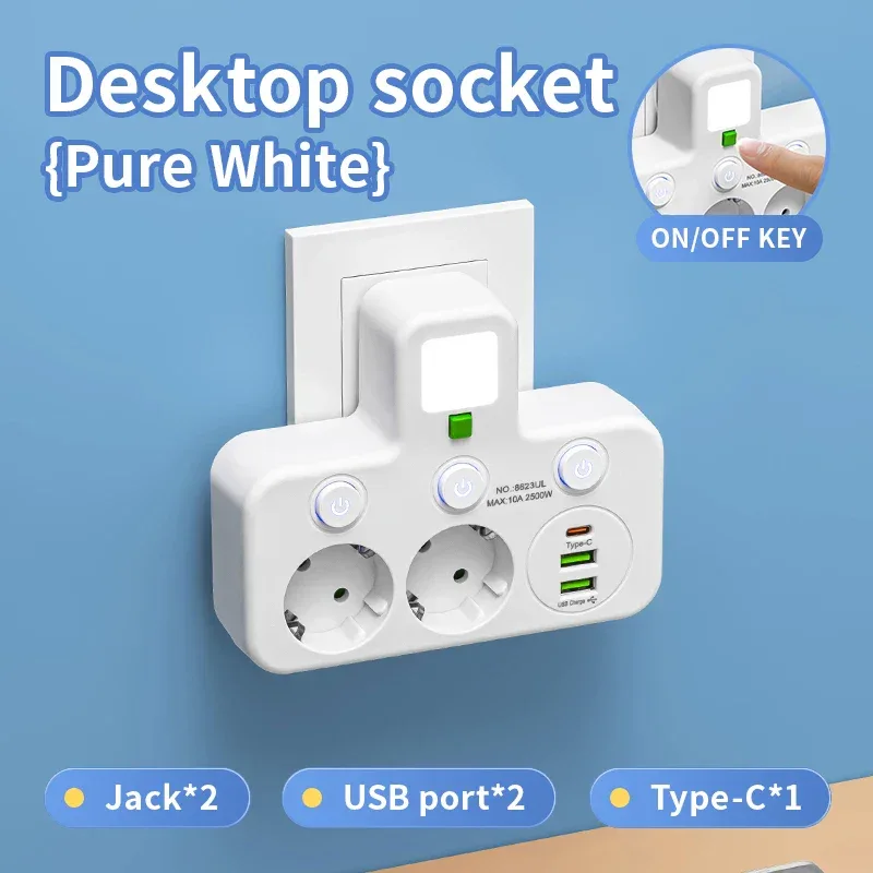 EU Plug Power Strip with 3 AC Outlets +2 USB Ports+ 1 Type C, 6-in-1 Plug Socket Adapter Wireless Wall Charger for Home Office