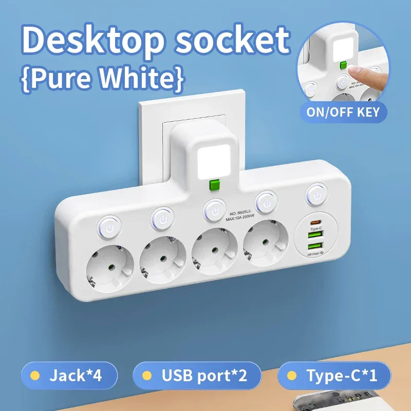 EU Plug Power Strip with 3 AC Outlets +2 USB Ports+ 1 Type C, 6-in-1 Plug Socket Adapter Wireless Wall Charger for Home Office
