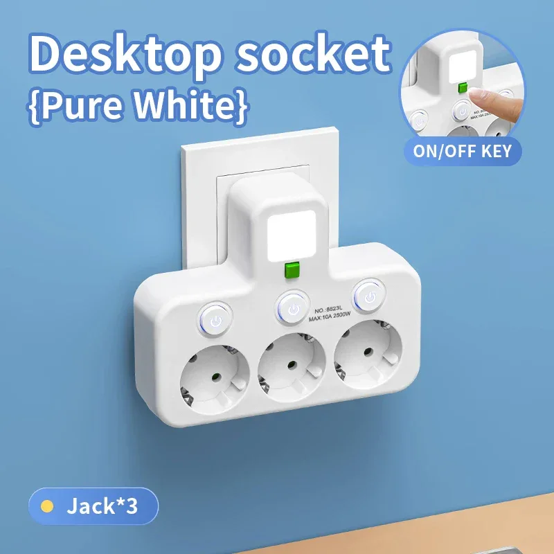 EU Plug Power Strip with 3 AC Outlets +2 USB Ports+ 1 Type C, 6-in-1 Plug Socket Adapter Wireless Wall Charger for Home Office