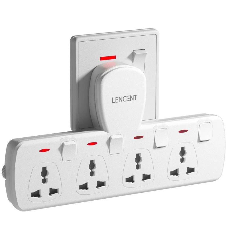 LENCENT Multi Plug Extension Socket with 4 Universal AC Outlets 3250W 13A Extension Plug Adapter with Switch for Home Office