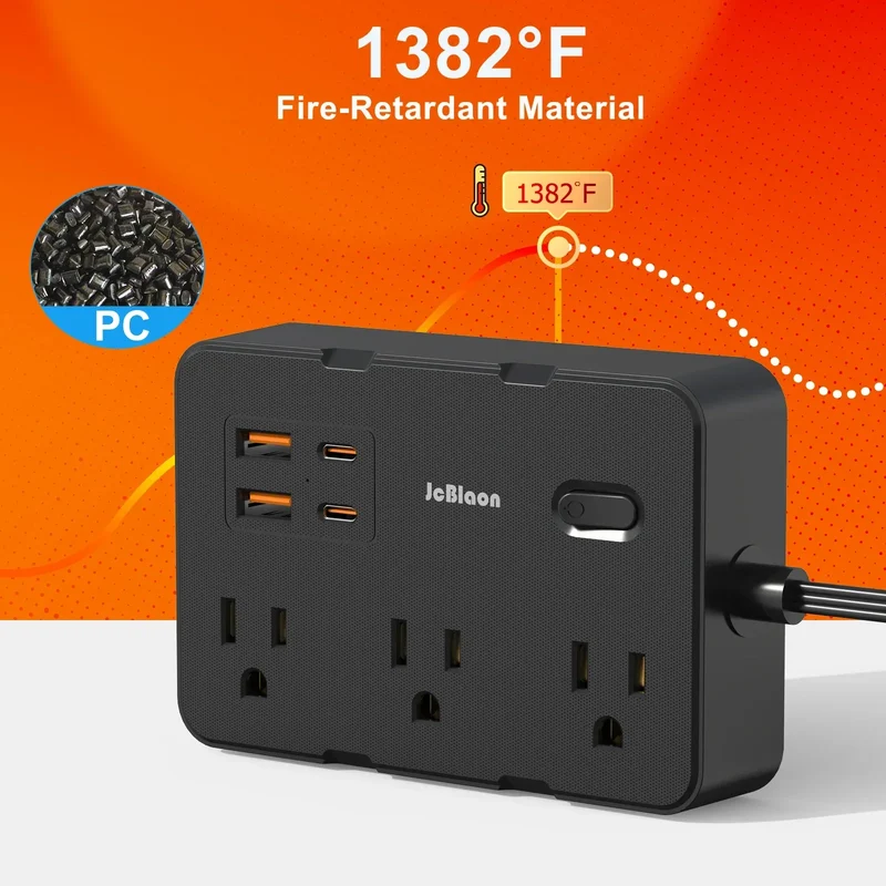Ultra Thin Flat Plug Extension Cord with 4 USB Ports(2 USB C), 5ft Surge Protector Power Strip, 6 Widely Outlets Extender