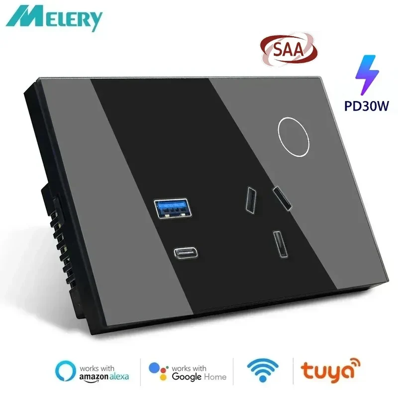 Melery Wall Socket WIFI Tuya Smart Australia Plug USB Type-C 30W Argentina Outlet Power Touch Sensor Remote by Alexa Google Home