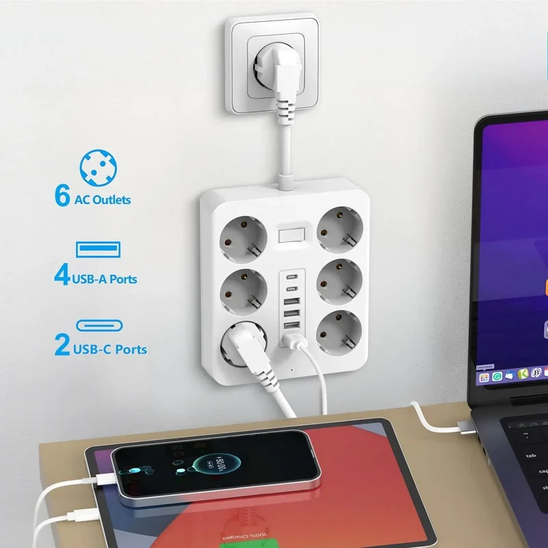 Wall Socket Extender with 6 AC Outlets 4 USB Ports 2 Type-C EU Plug Charger Electrical Switch For Home Power Strip Socket