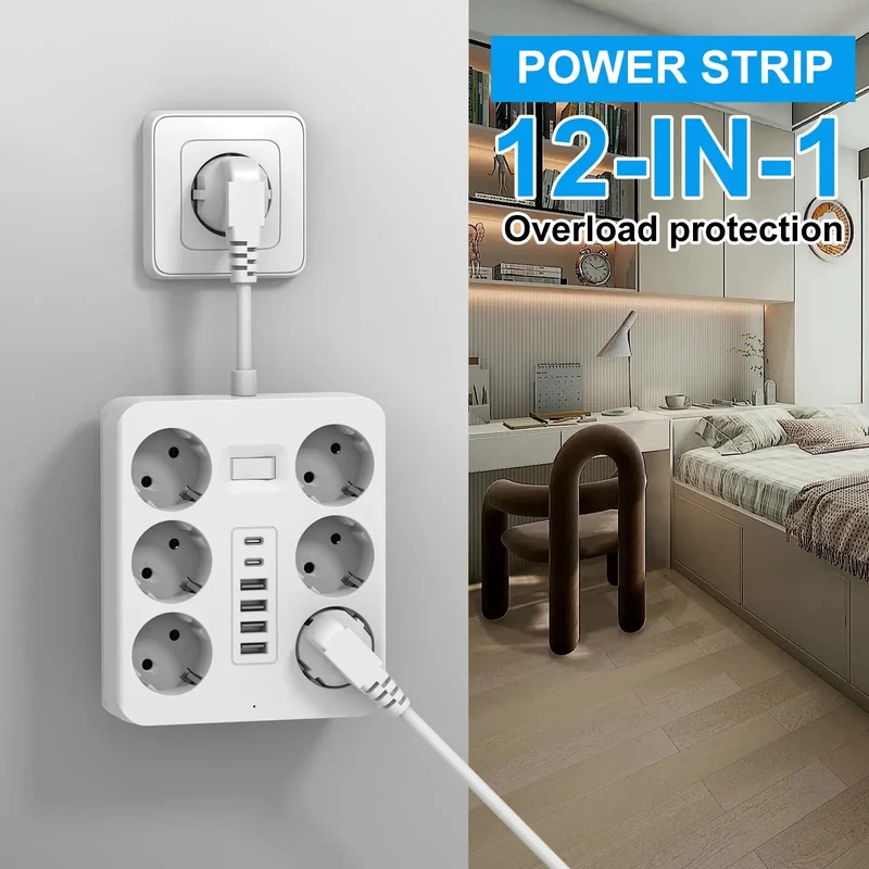 Wall Socket Extender with 6 AC Outlets 4 USB Ports 2 Type-C EU Plug Charger Electrical Switch For Home Power Strip Socket